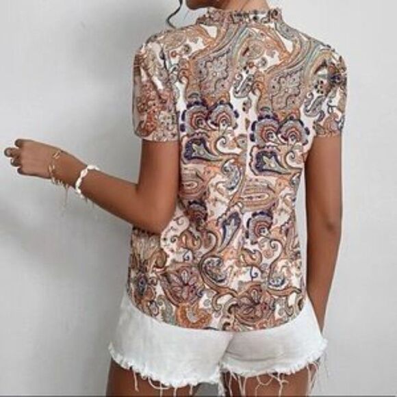 Boho Printed Paisley Floral Notched Neck Blouse - Picture 5 of 8